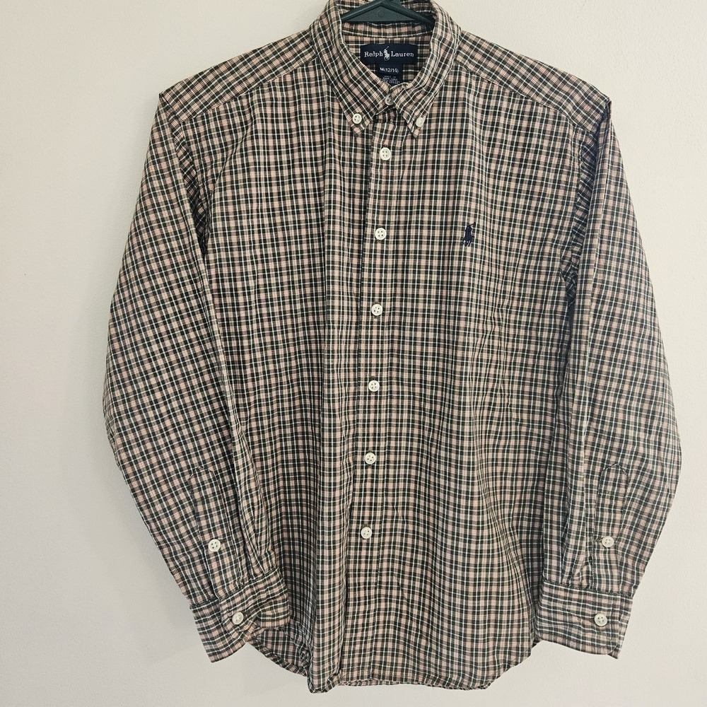 Polo Ralph Lauren Shirt Boys 12/14 Plaid Cotton Button Up Long Sleeve Logo VTG